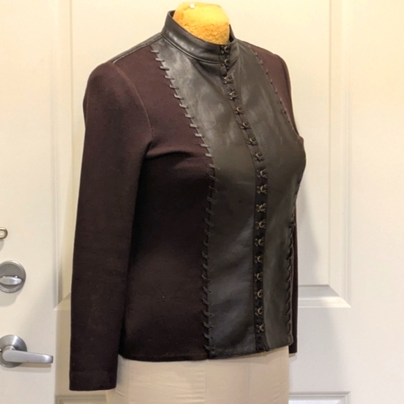 EUC 80s Tan Jay XL Leather and Knit Hook & Eye Front Stand Collar Sweater - Picture 3 of 8